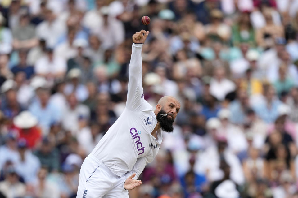 England's Moeen Ali bowls on day four of the fifth Ashes Test match between England and Australia, at The Oval cricket ground in London, Sunday, July 30, 2023. (AP Photo/Kirsty Wigglesworth)