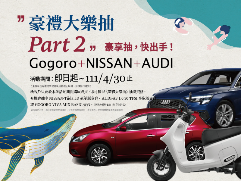 預計至111年4月30日止 購買就有機會抽中GOGORO / NISSAN TIIDA乙台 / AUDI A3乙台（贈品示意圖，僅供參考，詳洽現場）