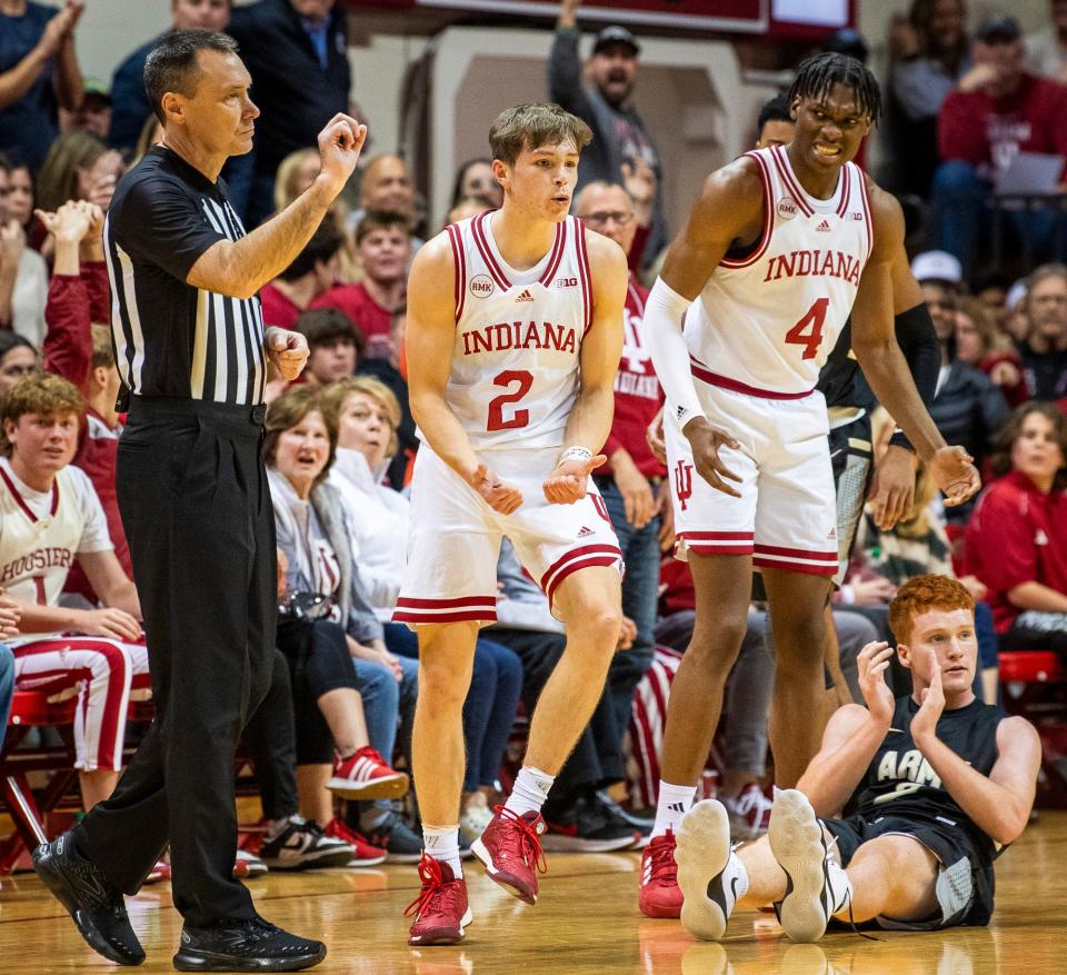 Indiana's Gabe Cupps (2) pleads his case after being called for a foul on Army's Ryan Curry (2) during the second half of the Indiana versus Army men's basketball game at Simon Skjodt Assembly Hall on Sunday, Nov. 12. 2023.