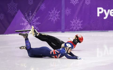 Elise Christie of Great Britain collides with Yang Zhou of China in the semi final of the Women's1500m during the Short Track Speed Skating on day eight of the PyeongChang 2018 Winter Olympic Games at Gangneung Ice Arena on February 17, 2018 in Gangneung, South Korea - Credit:  Getty Images