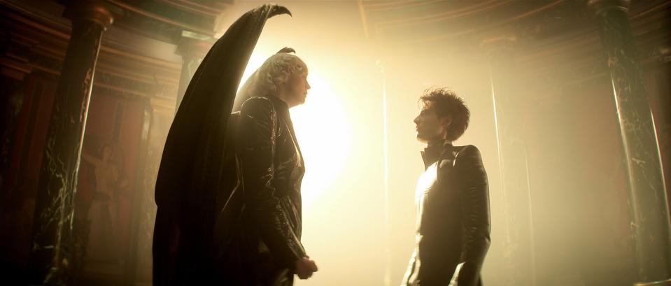 The Sandman. (L to R) Gwendoline Christie as Lucifer Morningstar, Tom Sturridge as Dream in episode 104 of The Sandman.