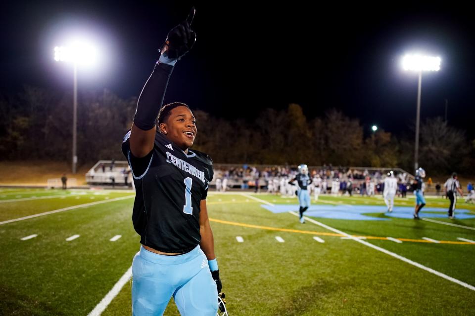 Centennial's Dominic Reed celebrates after defeating Columbia Central at Centennial High School in Franklin, Tenn., Friday, Nov. 3, 2023.