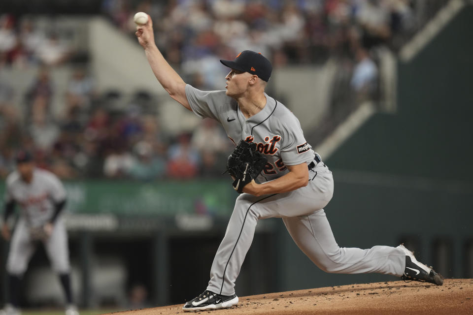 Detroit Tigers starting pitcher Matt Manning throws during the first inning of a baseball game against the Texas Rangers in Arlington, Texas, Tuesday, June 27, 2023. (AP Photo/LM Otero)