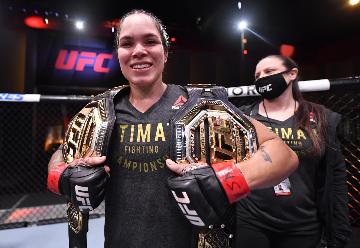 LAS VEGAS, NEVADA - JUNE 06: Amanda Nunes of Brazil celebrates after her unanimous-decision victory over Felicia Spencer of Canada in their UFC featherweight championship bout during the UFC 250 event at UFC APEX on June 06, 2020 in Las Vegas, Nevada. (Photo by Jeff Bottari/Zuffa LLC)