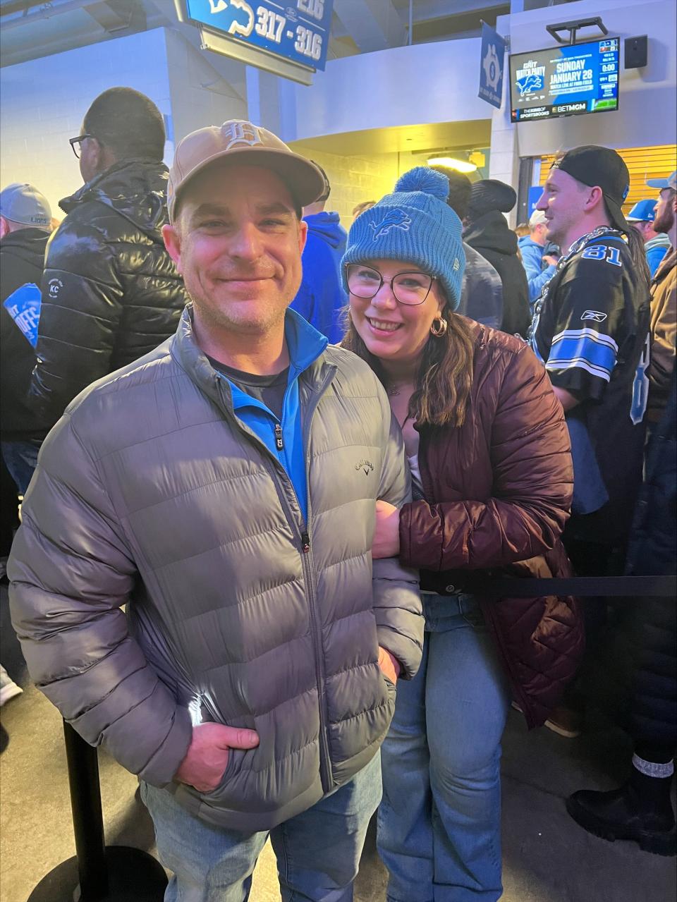 Mark and Kelly Doutsas, of Royal Oak, celebrate a Detroit Lions playoff victory on Sunday, Jan. 21, 2024. Mark Doutsas, elated after the win, said the win was special.
