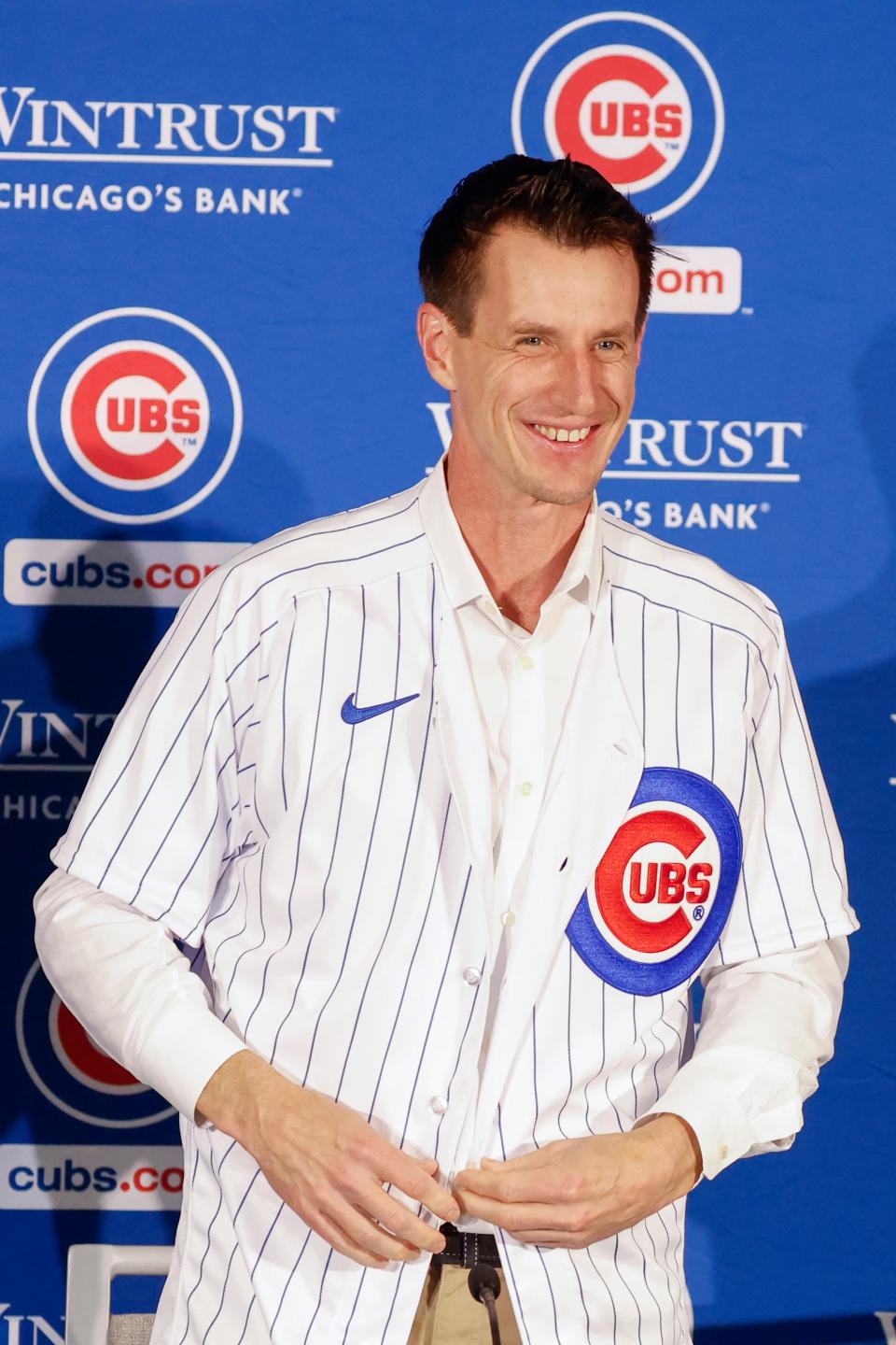 Craig Counsell smiles as he is introduced as a new Chicago Cubs manager during a press conference in Chicago on Nov. 13, 2023.