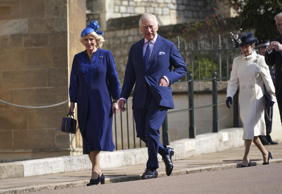 Britain's King Charles III and Camilla, the Queen Consort attend the Easter Mattins Service at St George's Chapel at Windsor Castle in Windsor, England, Sunday April 9, 2023. (Yui Mok / Pool via AP)