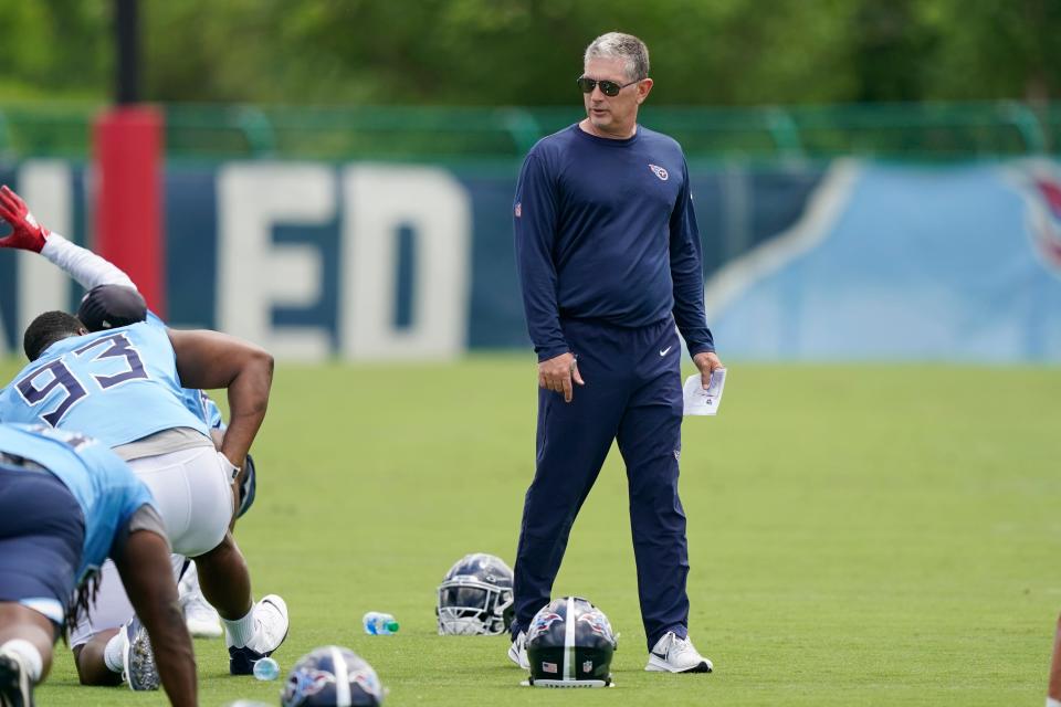 Tennessee Titans senior defensive assistant coach Jim Schwartz watches during practice Thursday, June 3, 2021, in Nashville.