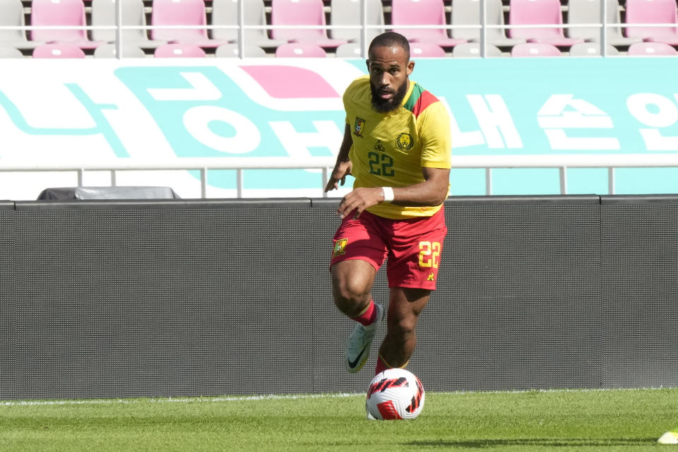 Cameroon's Bryan Mbeumo controls the ball during a friendly soccer match against Uzbekistan in Goyang, South Korea, Friday, Sept. 23, 2022. (AP Photo/Ahn Young-joon)