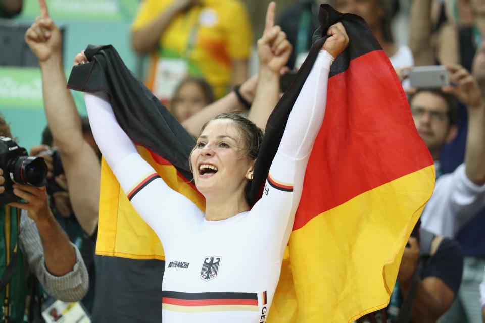<p>Kristina Vogel of Germany celebrates after winning gold during the Women’s Sprint Finals gold medal race against Rebecca James of Great Britain on Day 11 of the Rio 2016 Olympic Games at the Rio Olympic Velodrome on August 16, 2016 in Rio de Janeiro, Brazil. (Photo by Bryn Lennon/Getty Images) </p>