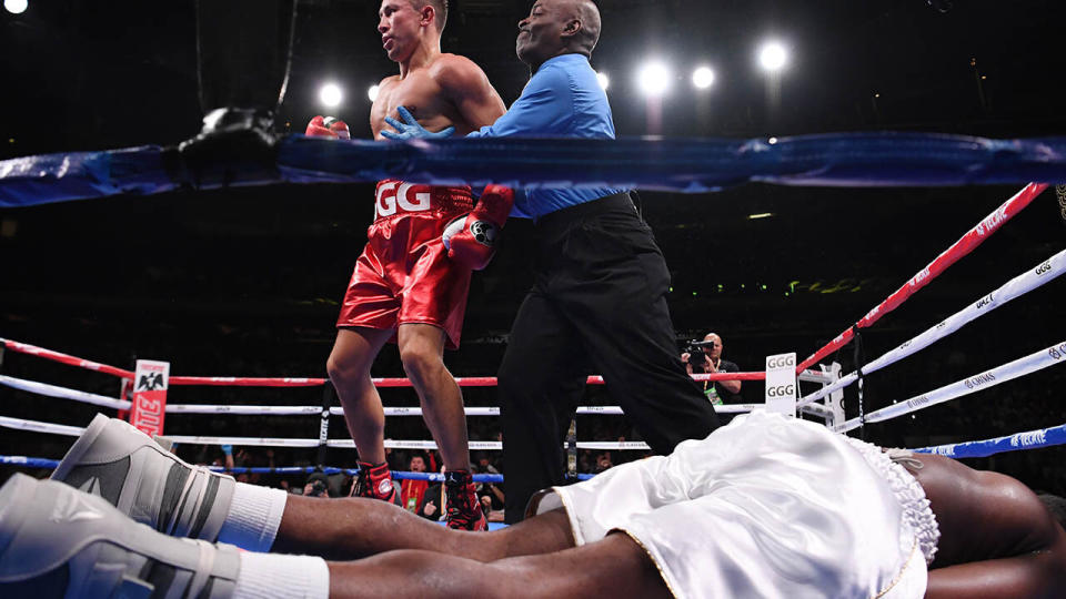 Gennady Golovkin knocks out Steve Rolls. (Photo by Sarah Stier/Getty Images)