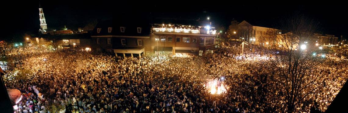 A panoramic photo montage of Chapel Hill’s Franklin Street after UNC defeated Illinois for the NCAA Championship in 2005.