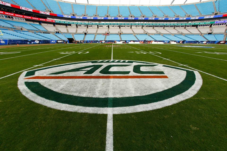 A view of the ACC logo on the field prior to the game between the Clemson Tigers and the Miami Hurricanes.