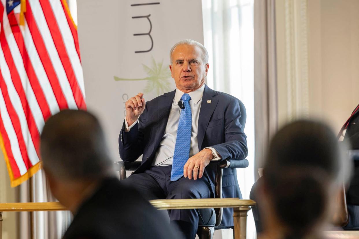 Nick Calio, CEO of the Washington, D.C.-based trade association and lobbying group Airlines for America, addresses the Palm Beach Chamber of Commerce's monthly breakfast meeting at The Breakers.