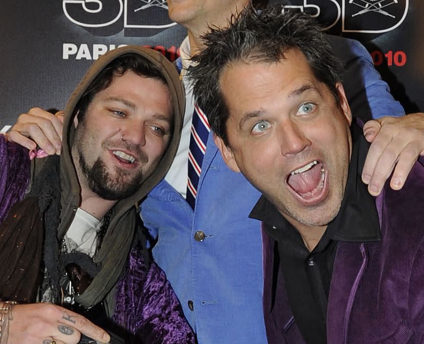 FILE - Bam Margera, left, and US director Jeff Tremaine pose for photographers as they arrive to the Jackass 3D premiere in Paris, Wednesday, Oct. 27, 2010. 