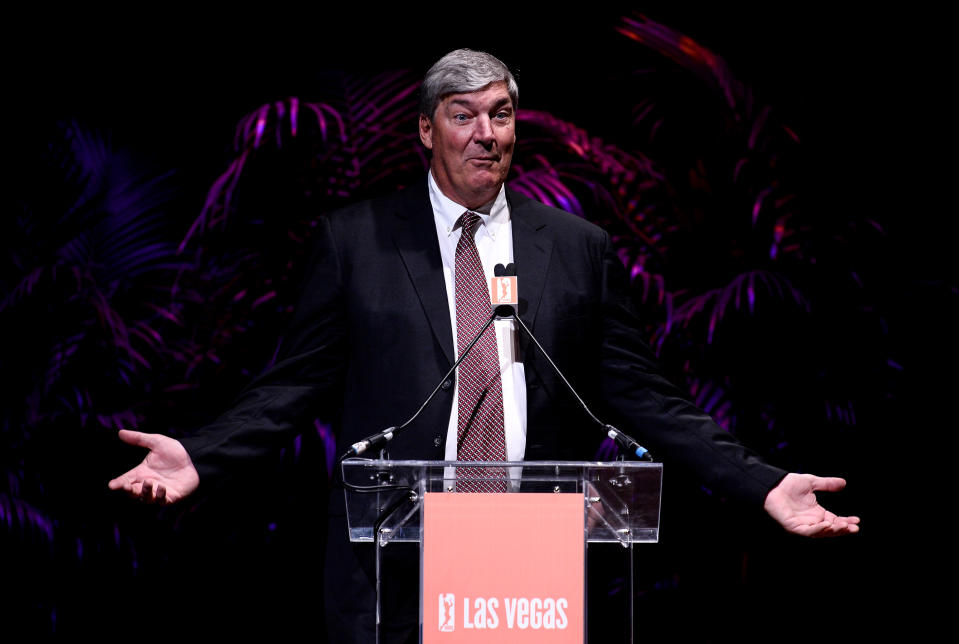 Head coach and President of Basketball Operations Bill Laimbeer speaks during a news conference as the WNBA and MGM Resorts International announce the Las Vegas Aces as the name of their franchise at the House of Blues Las Vegas inside Mandalay Bay Resort and Casino on December 11, 2017 in Las Vegas, Nevada. In October, the league announced that the San Antonio Stars would relocate to Las Vegas and begin play in the 2018 season at the Mandalay Bay Events Center. (Photo by Brandon Magnus/Getty Images)