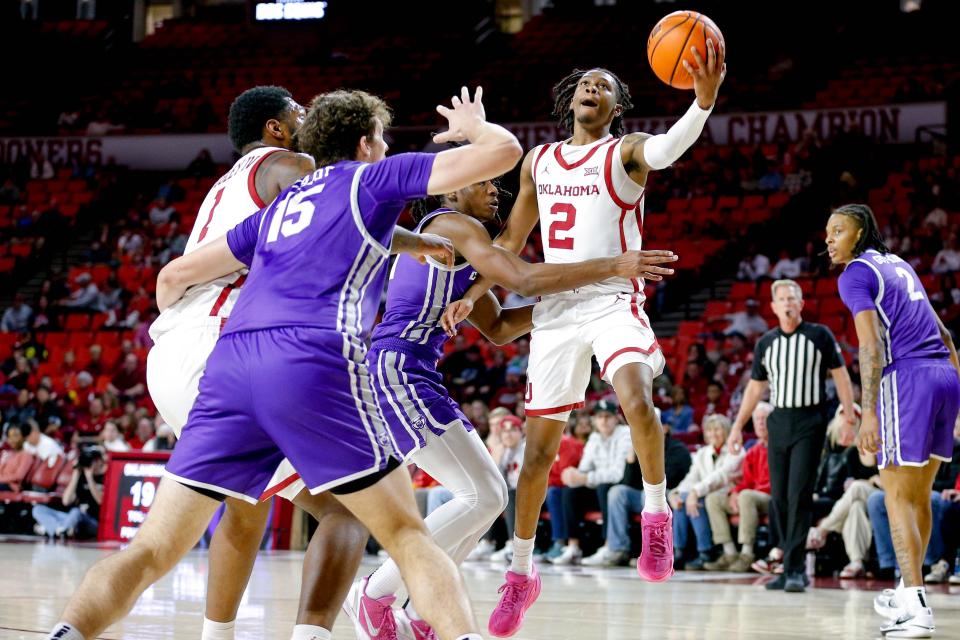 Oklahoma guard Javian McCollum (2) lays up the ball in the first half during an NCAA game between the Oklahoma Sooners and the Central Arknasaw Bears at the Lloyd Noble Center in Norman, Okla., on Thursday, Dec. 28, 2023.