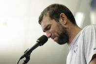 Indianapolis Colts quarterback Andrew Luck speaks during a news conference following the team's NFL preseason football game against the Chicago Bears, Saturday, Aug. 24, 2019, in Indianapolis. The oft-injured star is retiring at age 29. (AP Photo/AJ Mast)