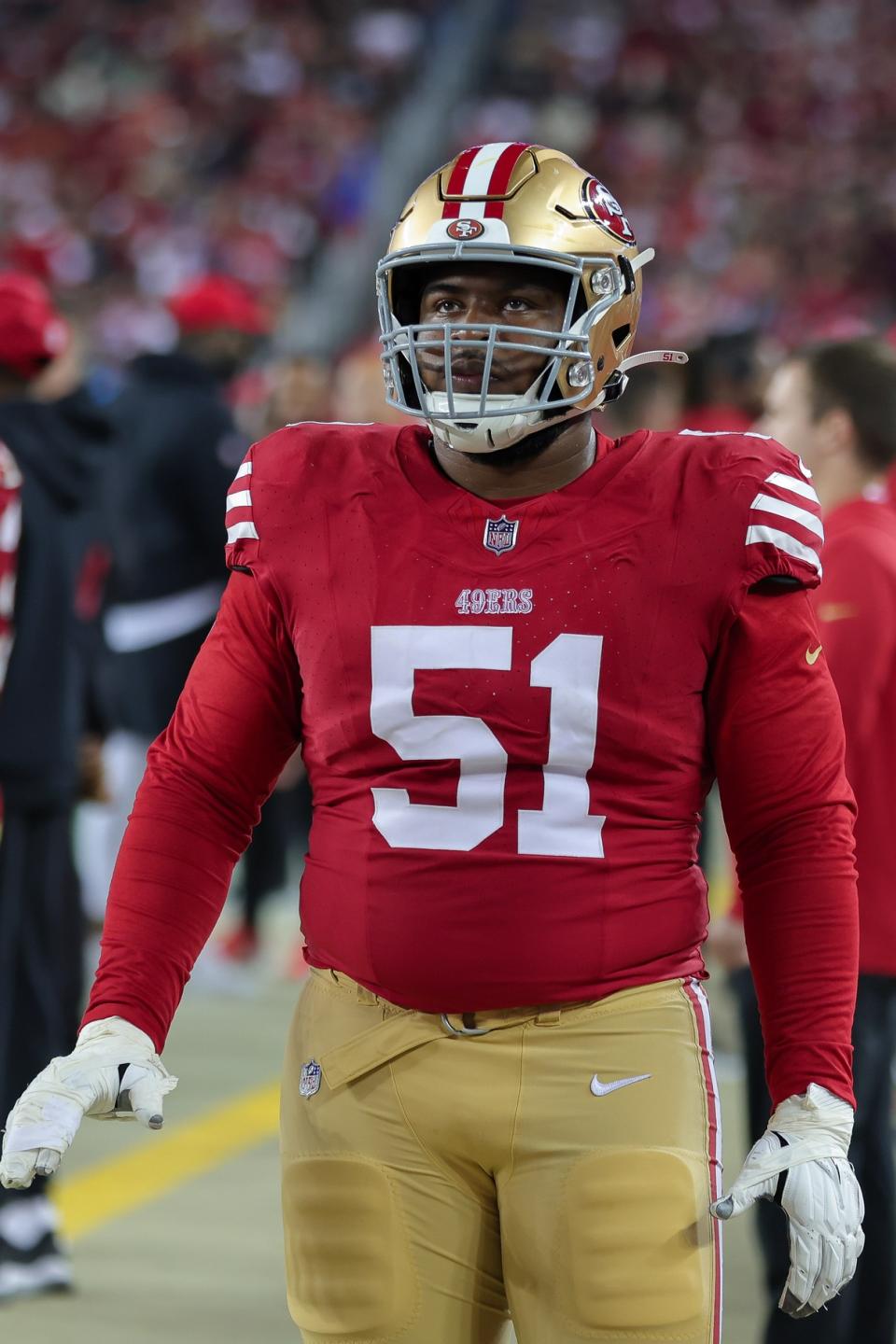 Aug 25, 2023; Santa Clara, California, USA; San Francisco 49ers guard Jason Poe (51) during the game against the Los Angeles Chargers at Levi’s Stadium. Mandatory Credit: Sergio Estrada-USA TODAY Sports