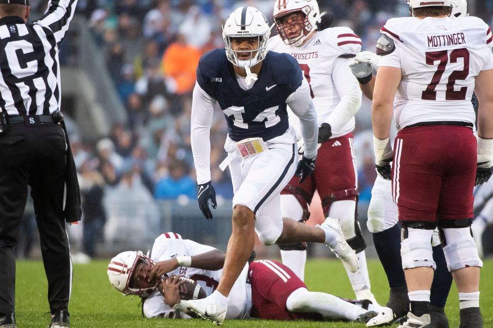 Penn State's Chop Robinson reacts after sacking UMass quarterback Taisun Phommachanh last October.