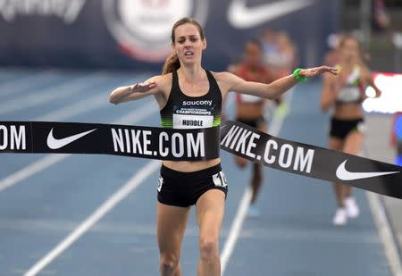 Jun 21, 2018; Des Moines, IA, USA; Molly Huddle celebrates after winning the women's 10,000m in 31:52.32 during the USA Championships at Drake Stadium. Kirby Lee-USA TODAY Sports