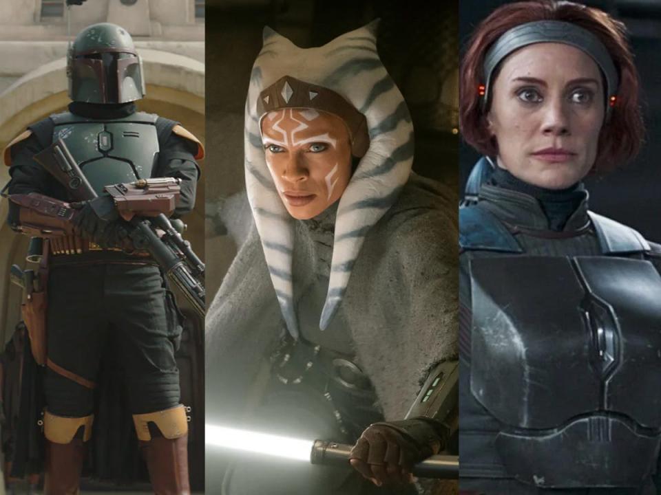 Temuera Morrison as Boba Fett, Rosario Dawson as Ahsoka Tano, and Katee Sackhoff as Bo-Katan Kryze.