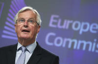 European Union's chief Brexit negotiator Michel Barnier gives a news conference after Brexit talks, in Brussels, Belgium, Friday, June 5, 2020. (Yves Herman, Pool Photo via AP)