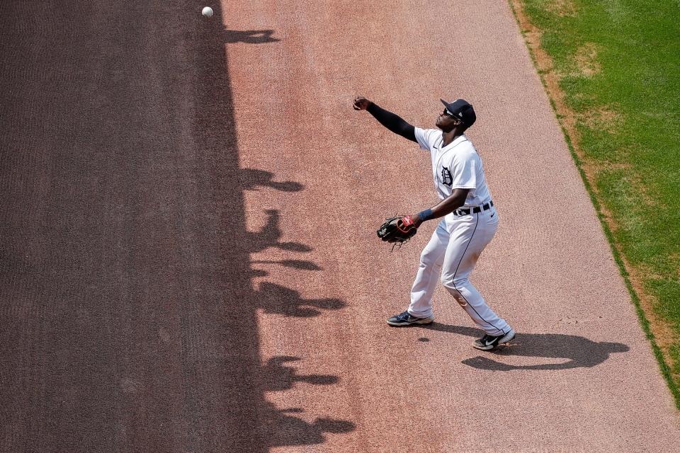 Detroit Tigers center fielder Daz Cameron (41) throws a ball to fans during a game against Los Angeles Angels at Comerica Park in Detroit, Thursday, August 19, 2021.