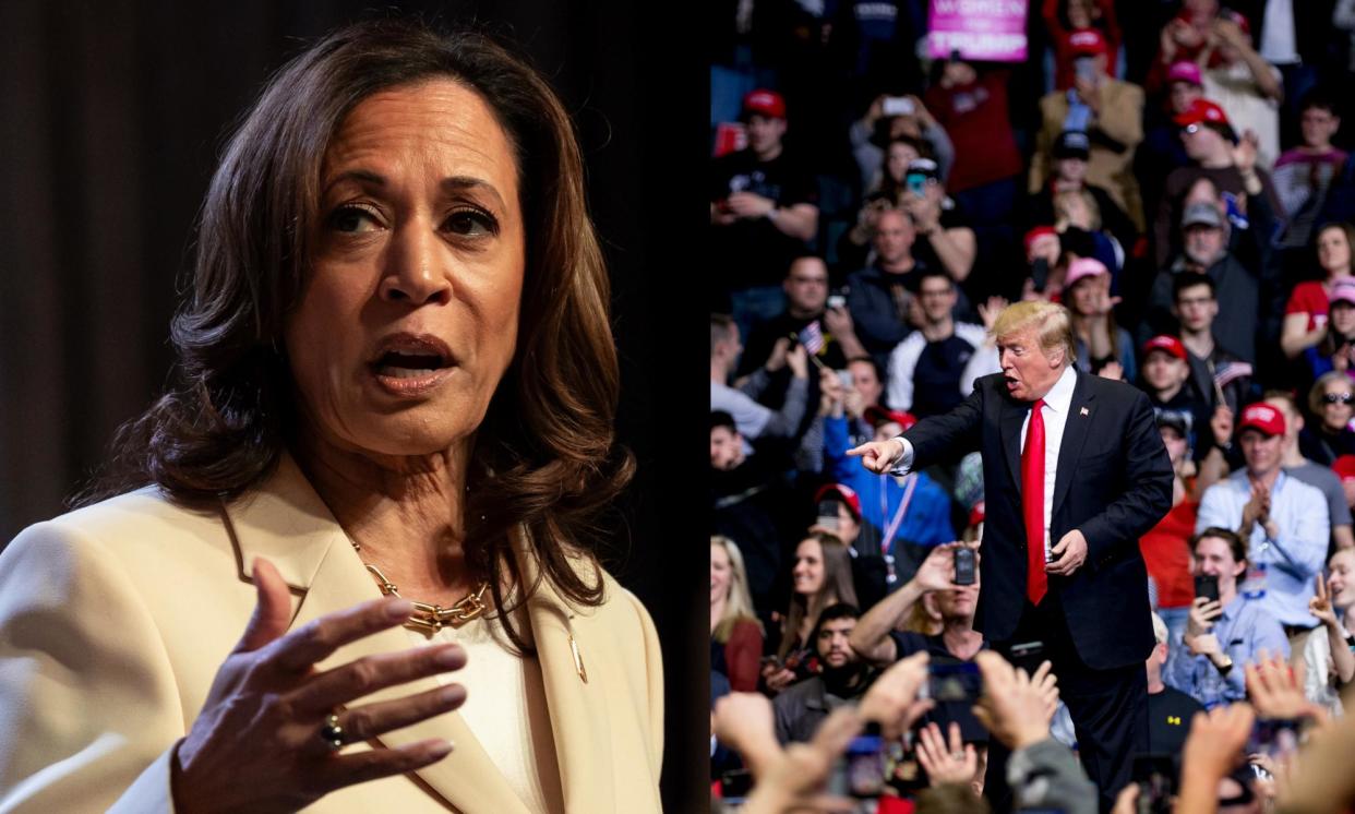 <span>Kamala Harris and Donald Trump in this composite photo.</span><span>Illustration: Guardian Design/Yuki Iwamura/Anthony Lanzilote</span>