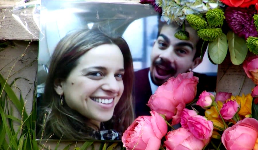 Matilde Ramos Pinto, left, and Diego Cardoso de Oliveira, right, are seen in a photograph left at the bus stop memorial. (KRON4 image)