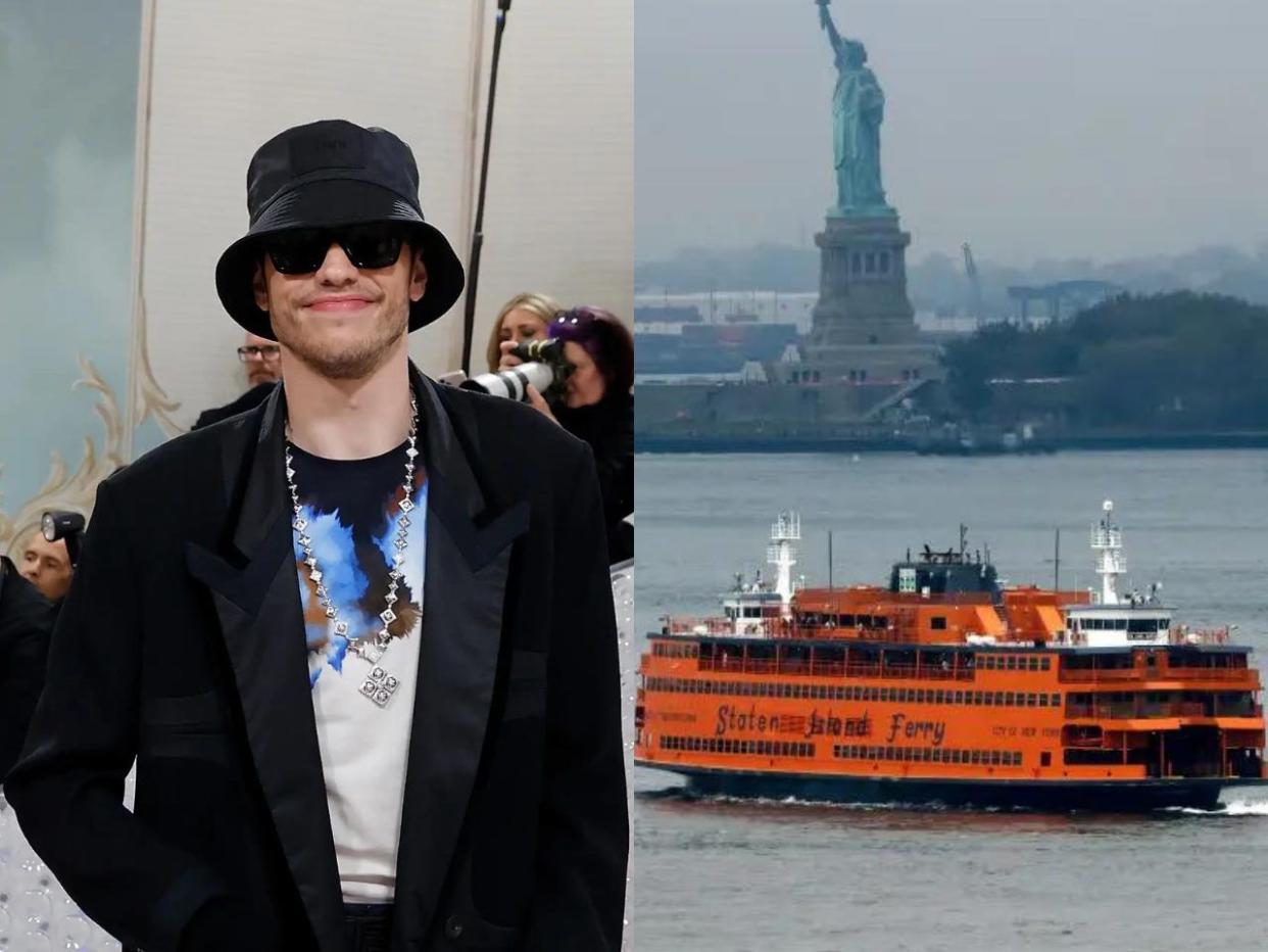 A composite of Pete Davidson wearing a black jacket with a bucket hat, blacked-out sunglasses, and a gold chain next to a Staten Island Ferry sailing past the Statue of Liberty.