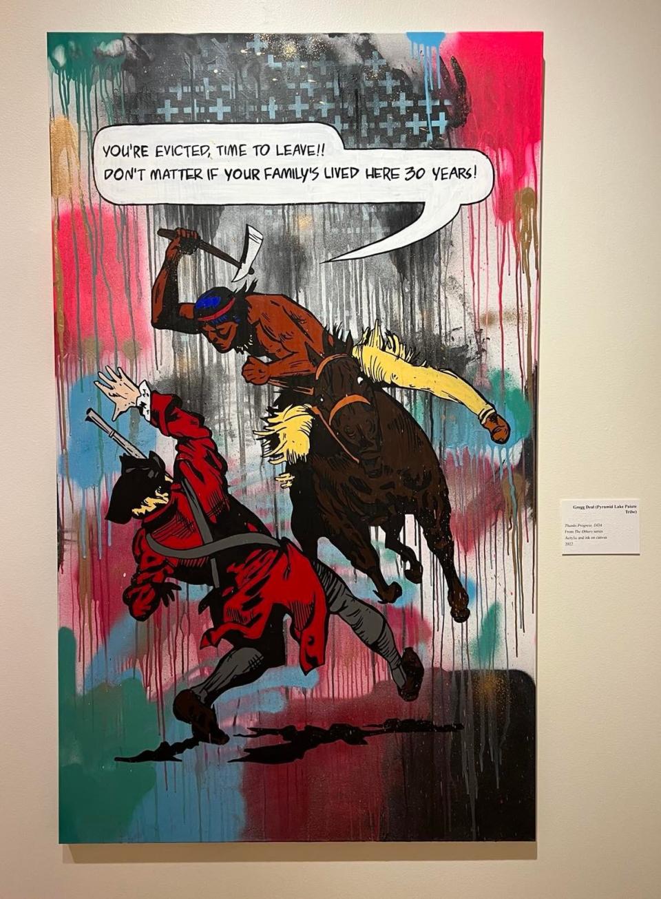 A new exhibit at the Massillon Museum tells the story of the trauma and loss of culture experienced by Native Americans following their removal from land. This piece created by Native American artist Gregg Deal is titled, "Thanks Progress, DOA."