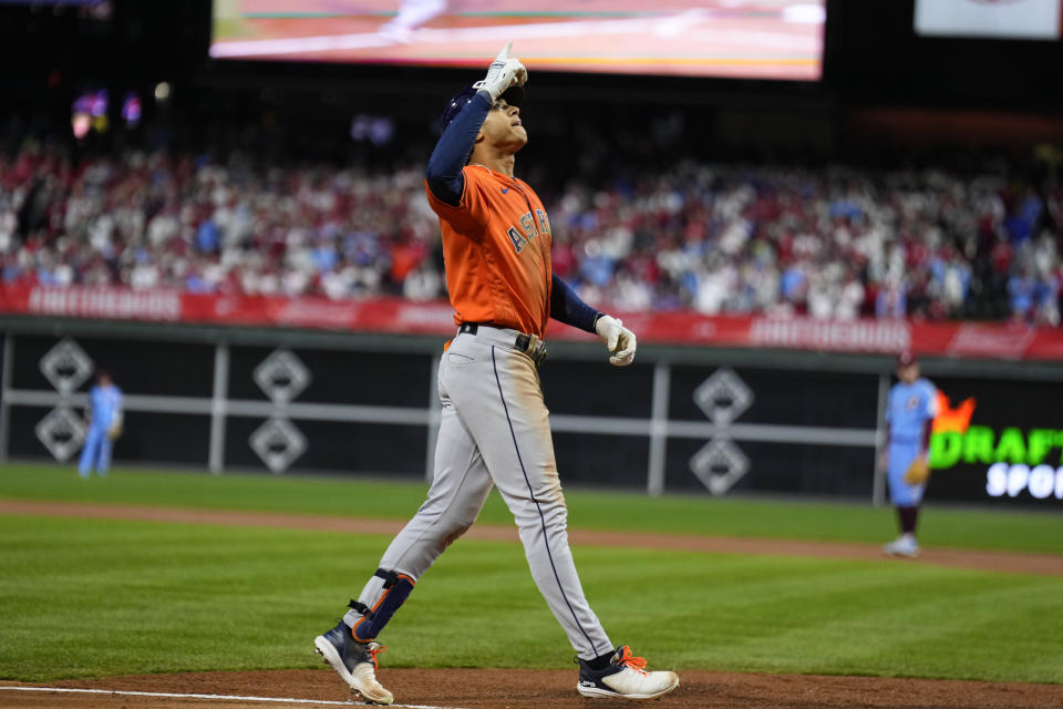 Houston Astros' Jeremy Pena celebrates his home run during the fourth inning in Game 5 of baseball's World Series between the Houston Astros and the Philadelphia Phillies on Thursday, Nov. 3, 2022, in Philadelphia. (AP Photo/Matt Slocum)