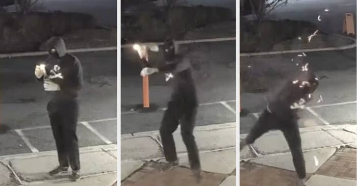 Images from the surveillance footage, showing a man throwing a lit Molotov cocktail at the synagogue's entrance