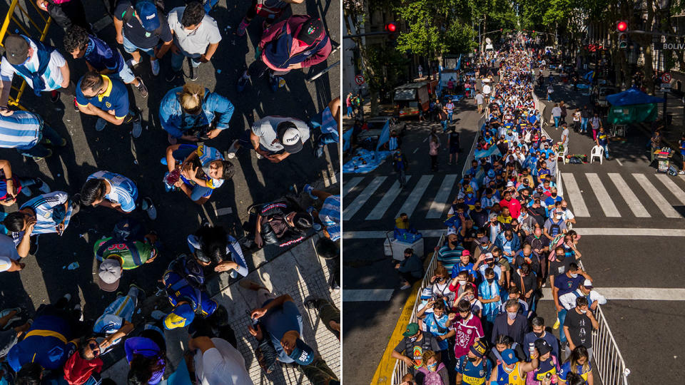 Huge lines of people are seen here queuing up to see Maradona's coffin.