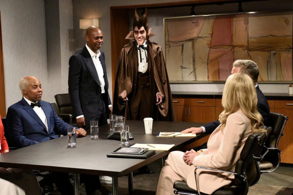 From left to right, Kenan Thompson as Uncle Ben, host Dave Chappelle as the "Allstate guy." and Pete Davidson as Count Chocula during the "Uncle Ben" sketch on "SNL."