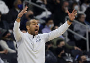 Butler head coach LaVall Jordan reacts to a call during the first half of an NCAA college basketball game against Providence, Sunday, Jan. 23, 2022, in Providence, R.I. (AP Photo/Mary Schwalm)