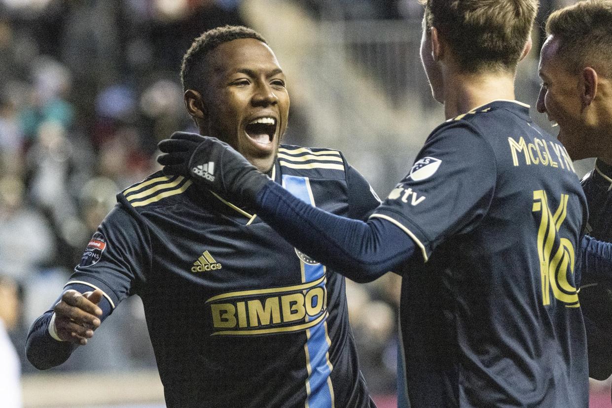 Philadelphia Union's Andrés Perea (left) celebrates with Jack McGlynn after he scored against Alianza FC during the second leg of a CONCACAF Champions League match on March 14, 2023, in Chester, Pa. (AP Photo/Laurence Kesterson)