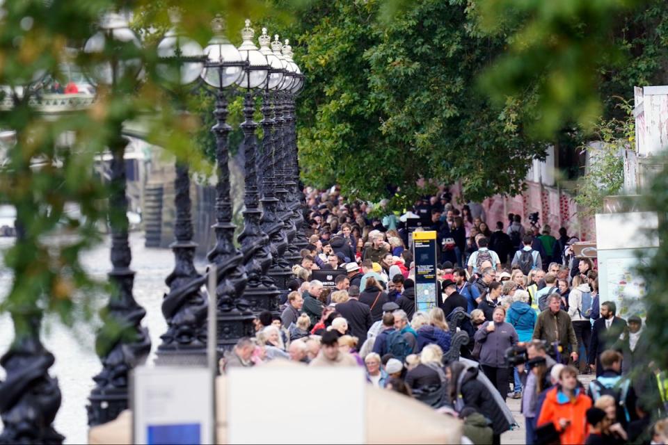 Members of the public wait in the queue near Lambeth Bridge (PA)