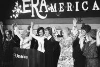 <p>Now the first lady of the United States, Rosalynn threw her support behind the Equal Rights Amendment and a brighter future for the women of America.</p> <p>Here, she joins former first lady Betty Ford and feminist activist Betty Friedan on stage at the National Women's Conference in 1977.</p>