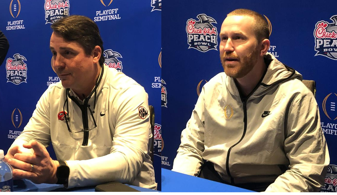 Georgia co-defensive coordinators Will Muschamp and Glenn Schumann at Peach Bowl press conference on Dec. 27, 2022 in Atlanta.