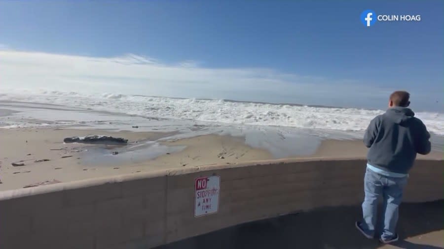 Video captured the moments of calm before beachgoers were slammed into by a massive rogue wave in Ventura County on Dec. 28, 2023, sending nine people to the hospital. (Colin Hoag)
