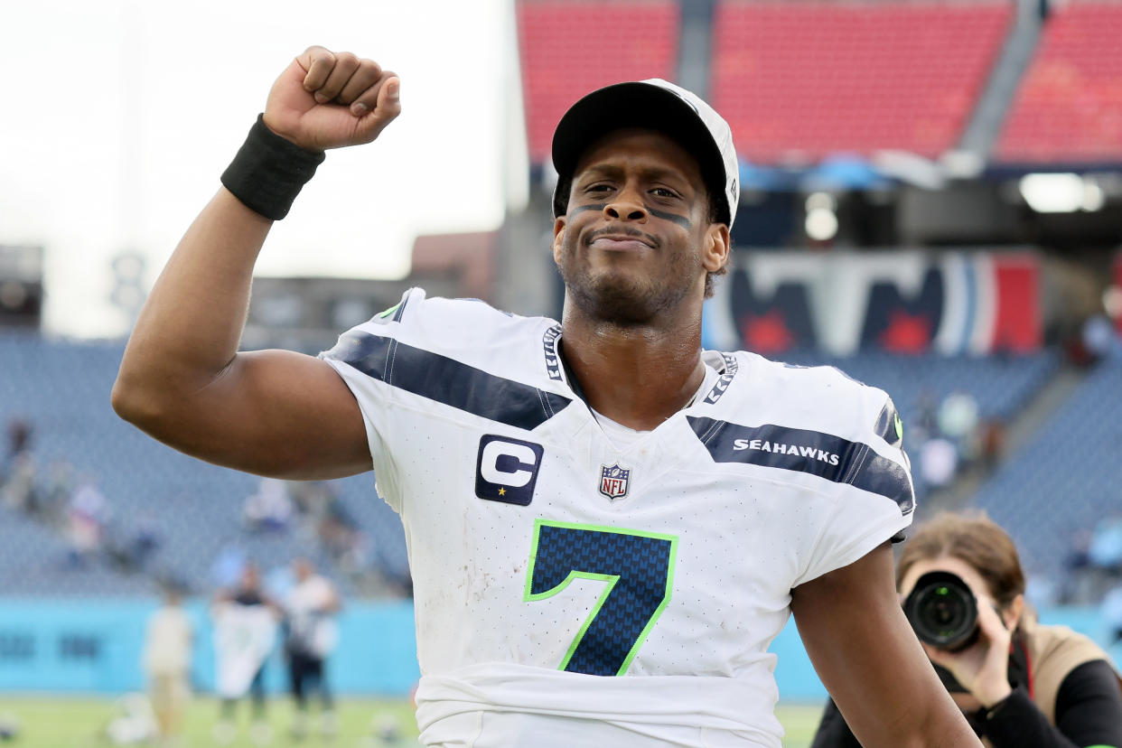 NASHVILLE, TENNESSEE - DECEMBER 24: Geno Smith #7 of the Seattle Seahawks walks off the field after a win over the Tennessee Titans at Nissan Stadium on December 24, 2023 in Nashville, Tennessee. (Photo by Andy Lyons/Getty Images)