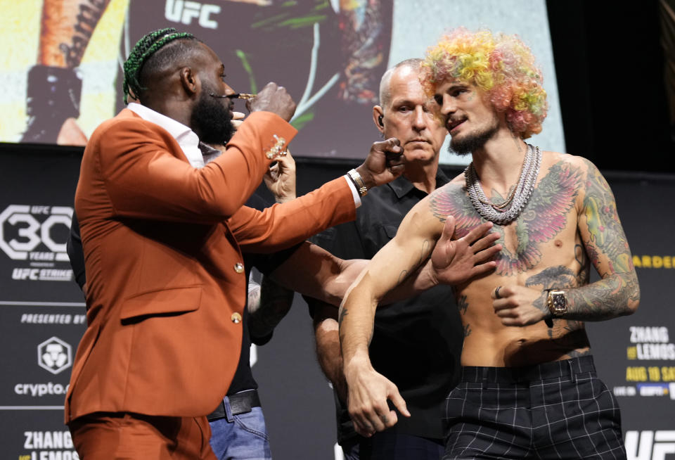 BOSTON, MASSACHUSETTS - AUGUST 17: (L-R) Opponents Aljamain Sterling and Sean O'Malley face off during the UFC 292 press conference at TD Garden on August 17, 2023 in Boston, Massachusetts. (Photo by Mike Roach/Zuffa LLC via Getty Images)