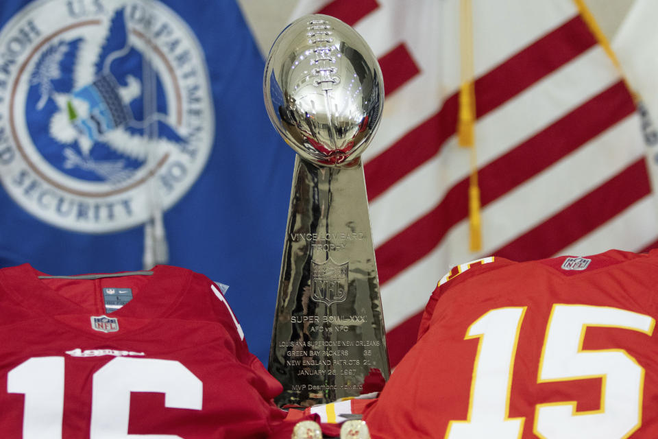 Counterfeit Super Bowl merchandise is displayed during a news conference on Monday, Feb. 5, 2024, in Las Vegas. Federal and local officials said they're taking steps to crimp counterfeiting, ground drones and curb human trafficking during Super Bowl week in Las Vegas. (AP Photo/Ty ONeil)