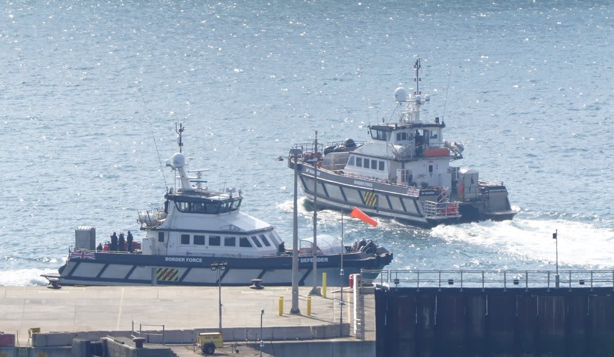 Border Force vessels arrive and leave the Port of Dover in Kent following a number of small boat incidents in the Channel in May. (PA)