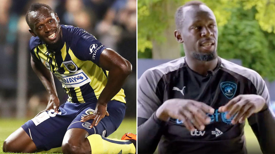 Pictured right, Usain Bolt speaking about his time playing football in Australia.