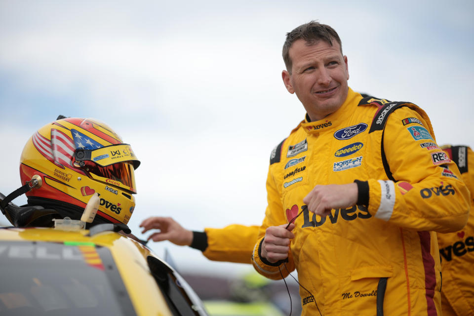 TALLADEGA, ALABAMA - APRIL 21: Michael McDowell, driver of the #34 Love's Travel Stops Ford, prepares for the NASCAR Cup Series GEICO 500 at Talladega Superspeedway on April 21, 2024 in Talladega, Alabama. (Photo by James Gilbert/Getty Images)