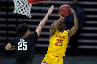 Maryland forward Jairus Hamilton, right, shoots against Michigan State forward Malik Hall during the second half of an NCAA college basketball game, Sunday, Feb. 28, 2021, in College Park, Md. Maryland won 73-55. (AP Photo/Julio Cortez)