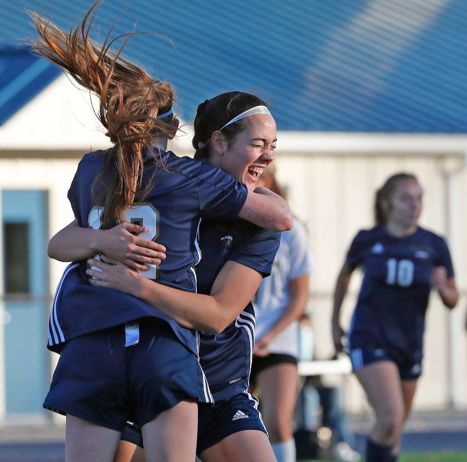 Bishops all time leading scorer junior Maeve White celebrates her 88th goal with teammate Kaitlyn Burke.
Archbishop Williams hosts Boston Latin Academy in girls soccer MIAA preliminary tournament action on Friday, Nov. 3, 2023